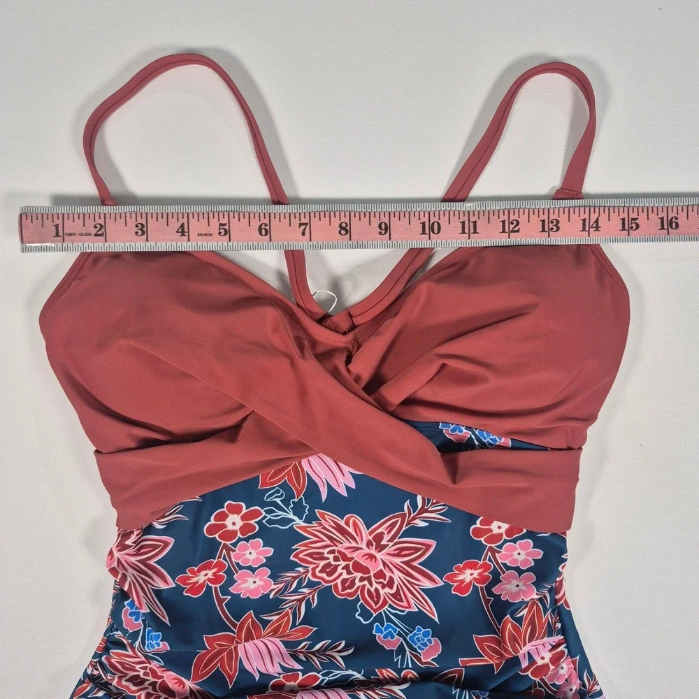 B2PRITY Women Floral One Piece Swimsuit Mauve‎ Navy V-Neck Ruched Size M New